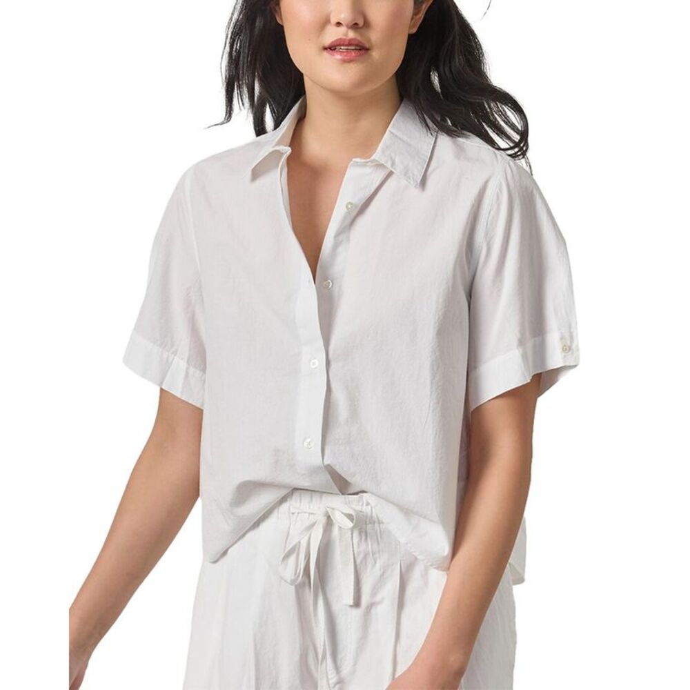Lilla P Womens Folded Sleeve Button Down Shirt, White